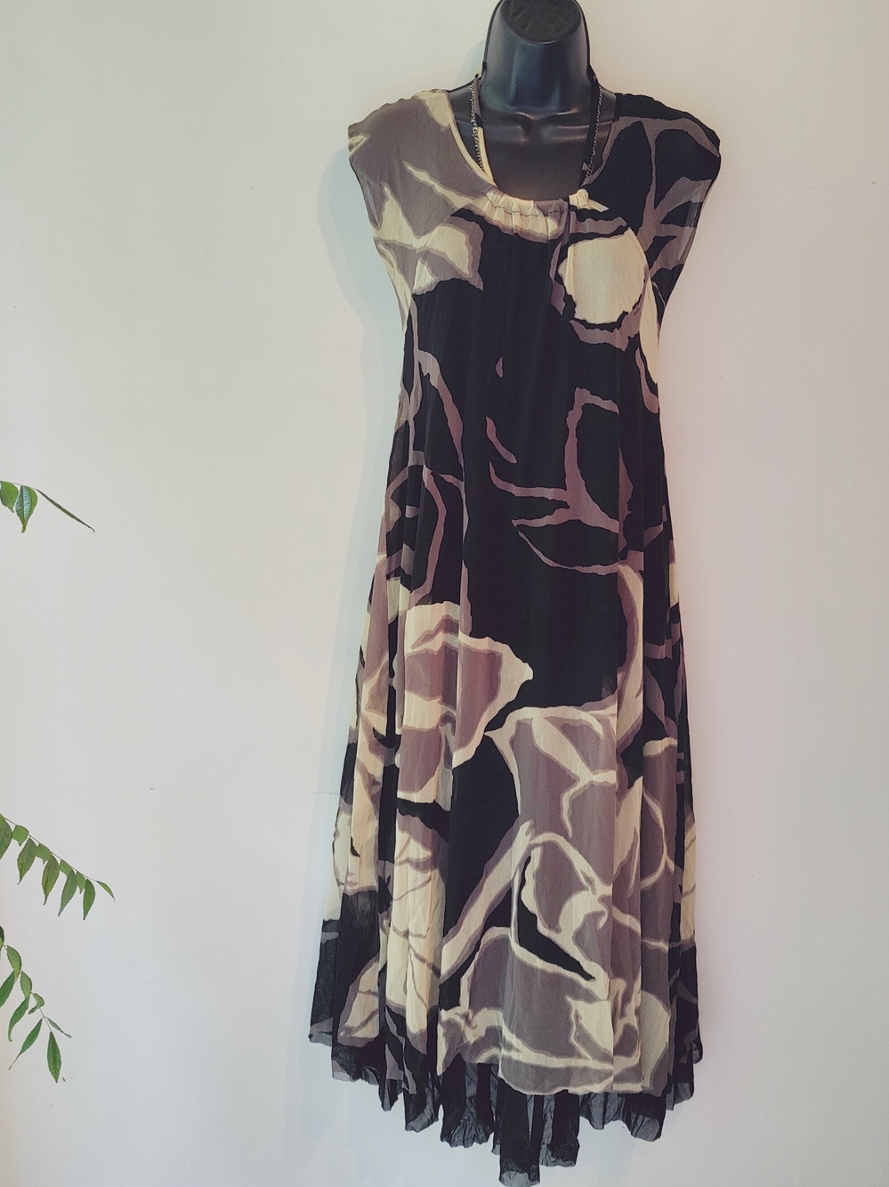 Fuzzi Made In Italy Black and Cream Nylon Mesh Maxi Dress